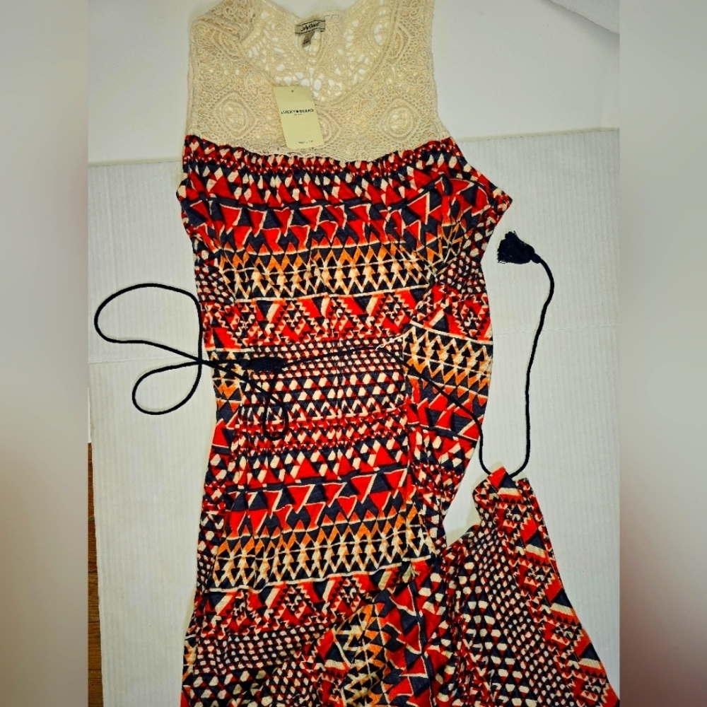 Lucky Brand Cream Lace Top Red Orange Geometric Maxi Dress